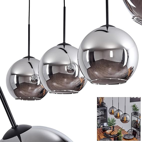 hofstein Koyoto hanglamp, metaal/glas hanglamp in zwart/chroom, 3-lamps lamp in vintage/retro design met glazen kappen (Ø 20 cm), hoogte max. 152,5 cm, 3 x E27, gloeilampen niet inbegrepen
