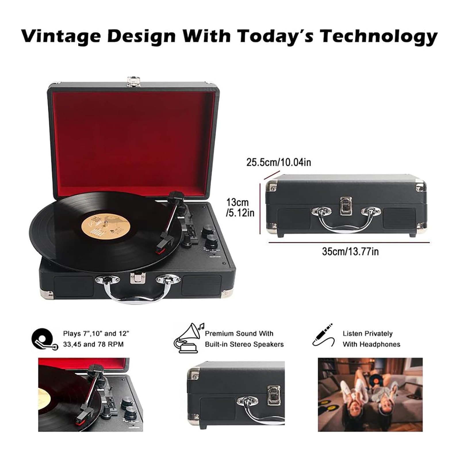 Giradischi Bluetooth Vintage, Giradischi retrò a 3 velocità con Altoparlanti Stereo Integrati, Adatto a Dischi da 33/45/78 Giri E da 7''/10''/12'', Nessun Salto di Riproduzione