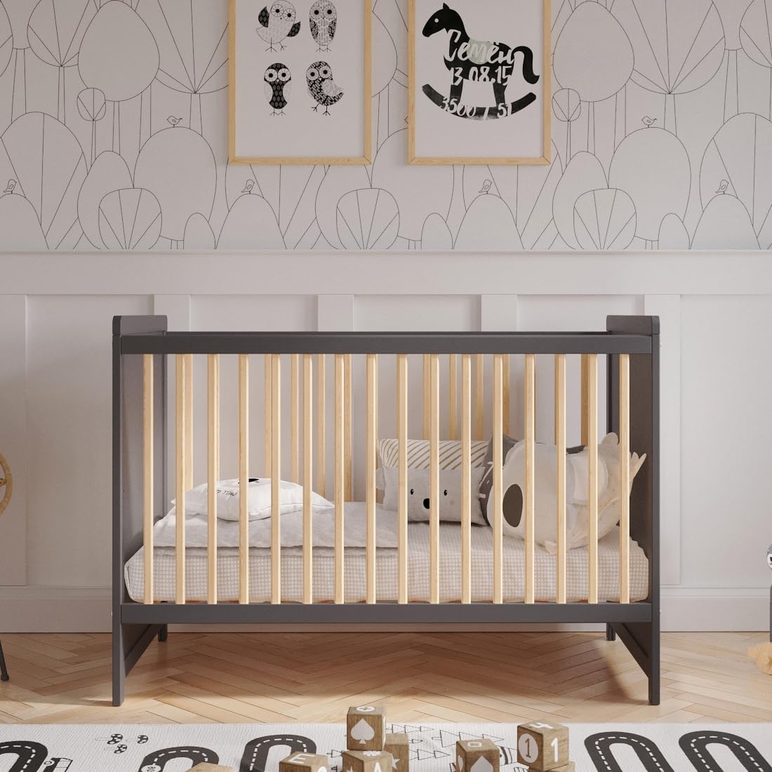 Love For Sleep TOKYO Culla Lettino Neonato 120x60 cm in Legno di Pino Antracite – Lettino Trasformabile con Barriera di Sicurezza per Bambino 0-3 Anni