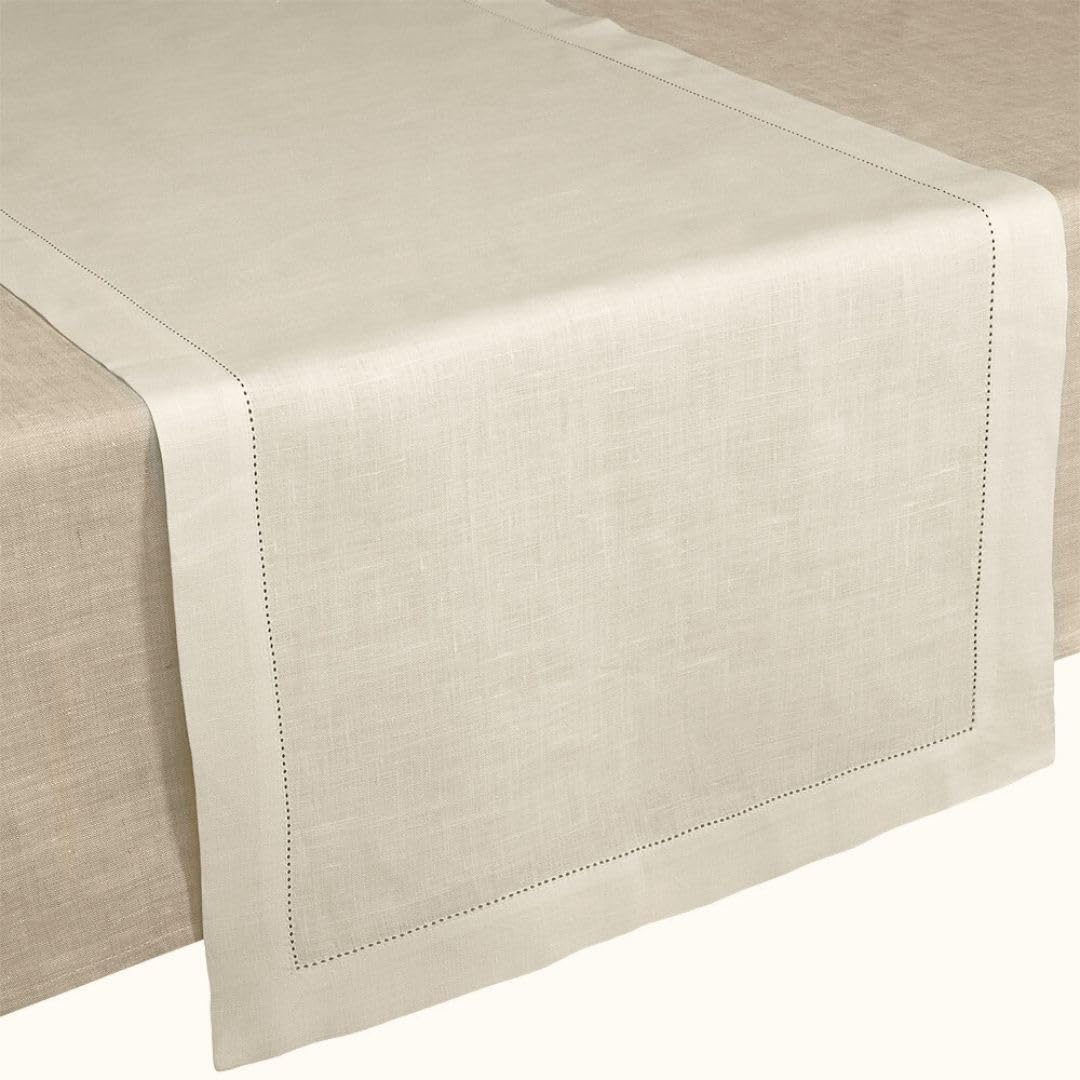 Cuore di lino - Chemin de Table en Pur Lin 100 % Made in Italy Ajour Blanc crème (50 x 150 cm)