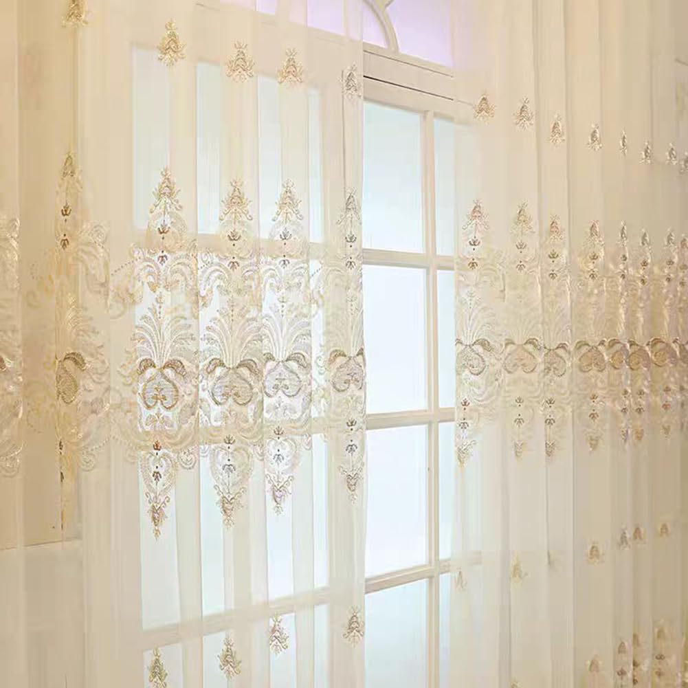 Beige Vorhang Wohnzimmer Schlafzimmer Transparent Ösen 3D Barock Vintage | Luxus Ösenvorhang Gardinen Halbtransparent Ösenschal Dekoschal Gardinenschal 2er-Pack 140x245