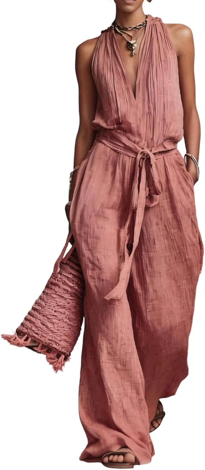 Womens cotton Linen Sexy Jumpsuit Summer Sleeveless V Neck Loose Fit Top Wide Leg Pants Casual Jumpsuit