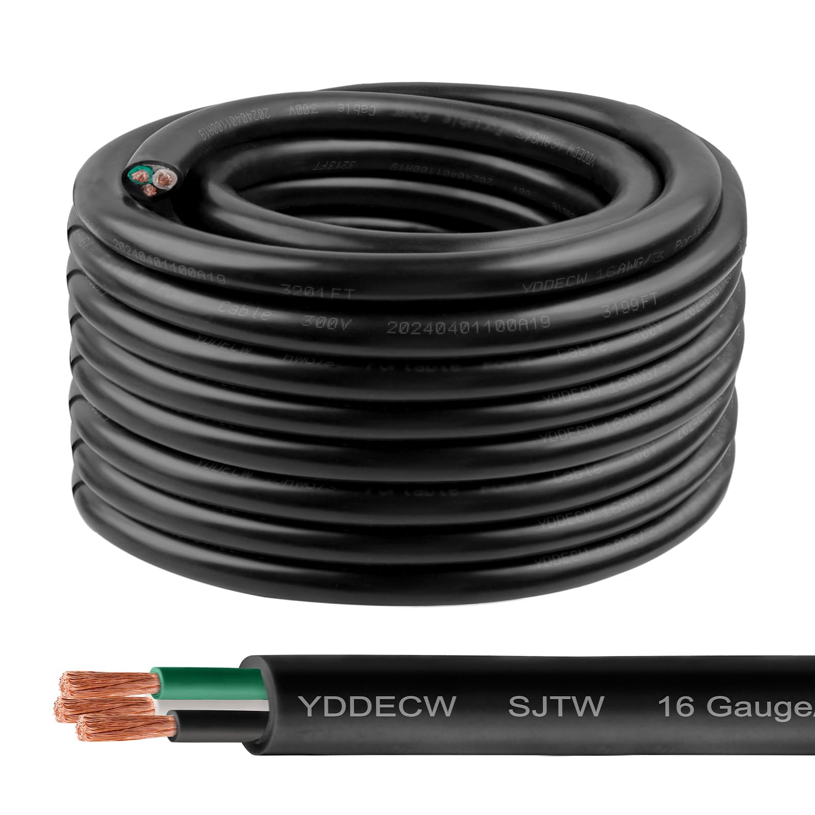 YDDECW 50ft 16/3 16 AWG SJTW 300V Wire (3 Conductor) - 16 Gauge SJTW Cable with UV-Resistant Jacket for Motor Leads, Battery Chargers and Machine - 3