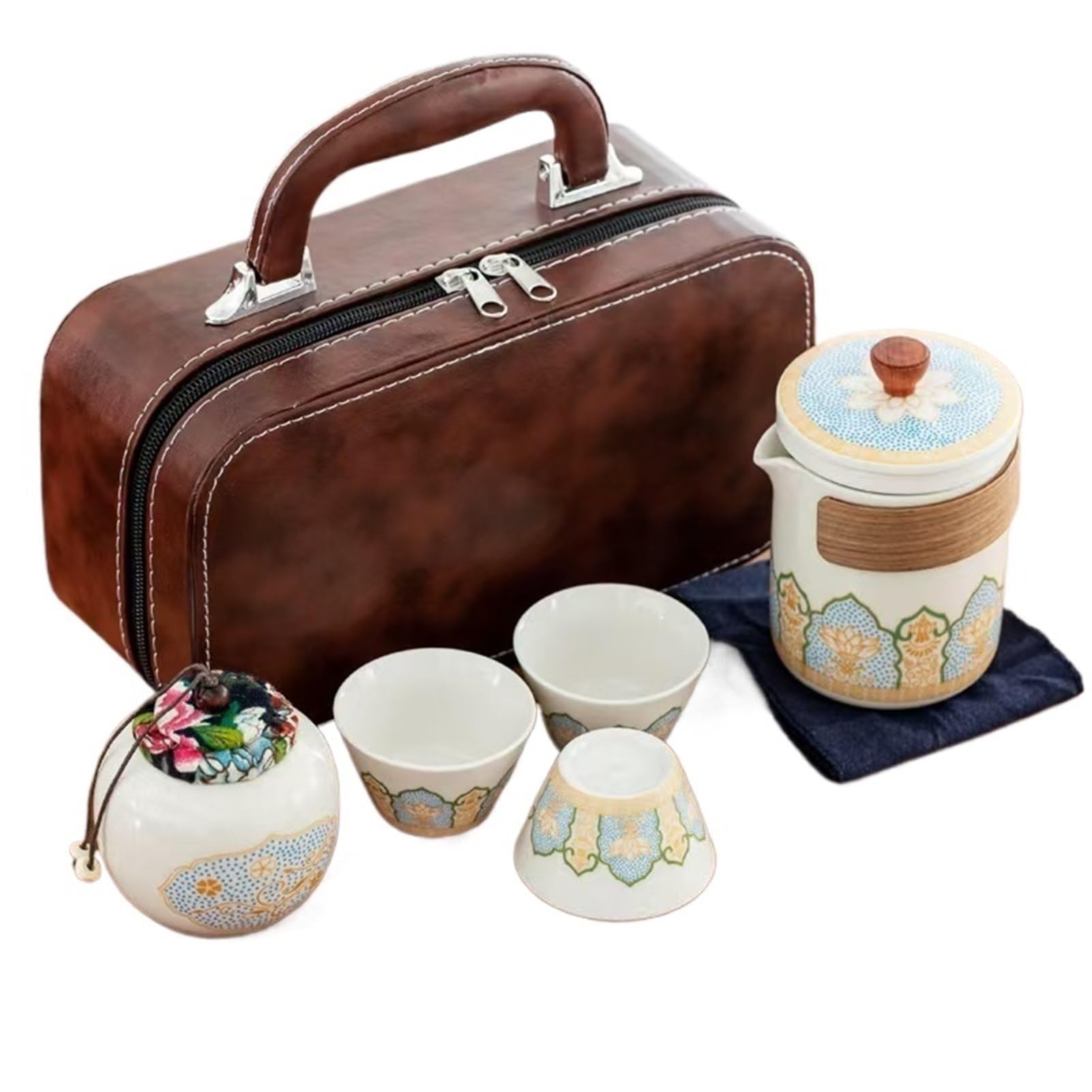 Juego De Té Portátil De Kung Fu De Viaje, Juego De Té De Cerámica Completo Con Bolsa De Almacenamiento(B 1SET)