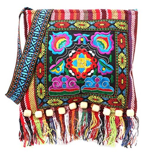 SimpleLife Clutch Purse, Bandolera de Cuerpo Cruzado con diseño Bordado Chino Hmong Bordado tailandés Tribu Hill Totes Messenger borlas Bolsa Boho Hippie