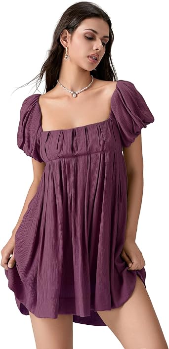 Women Y2k Babydoll Boho Mini Dress Short Puff Sleeve Square Neck Ruffle Backless Summer Tie Back Flowy Dress