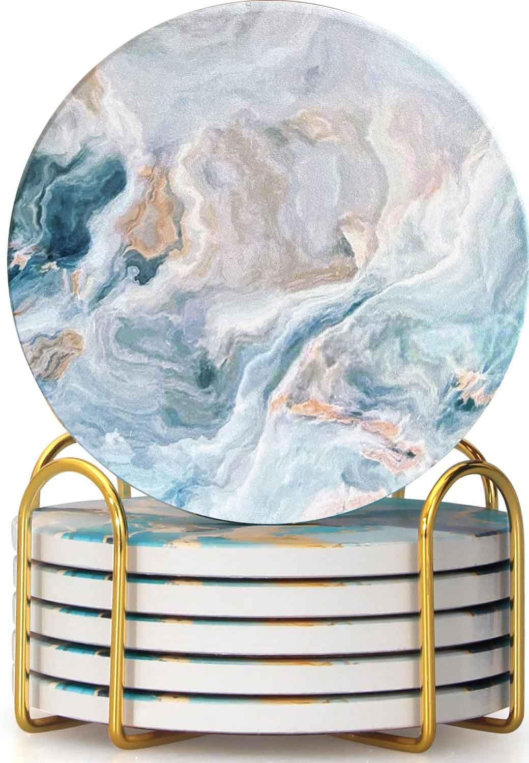 Drink Coasters with Holder 6 Pack, Ceramic Marble Style, Absorbent Abstract Coasters Set, 4in Cup Mat for Any Cups, Home, Living Room Decor,