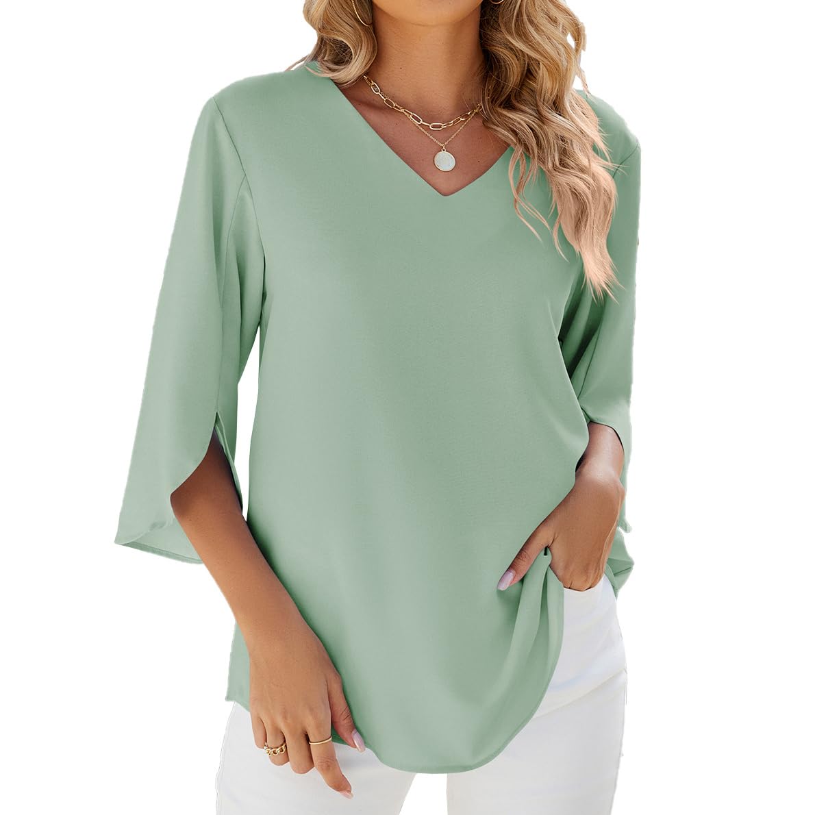 YUTILA Damesblouse met Ronde Hals Tuniek Shirt Elegant Casual Tops Losse Shirt, Wit, XL
