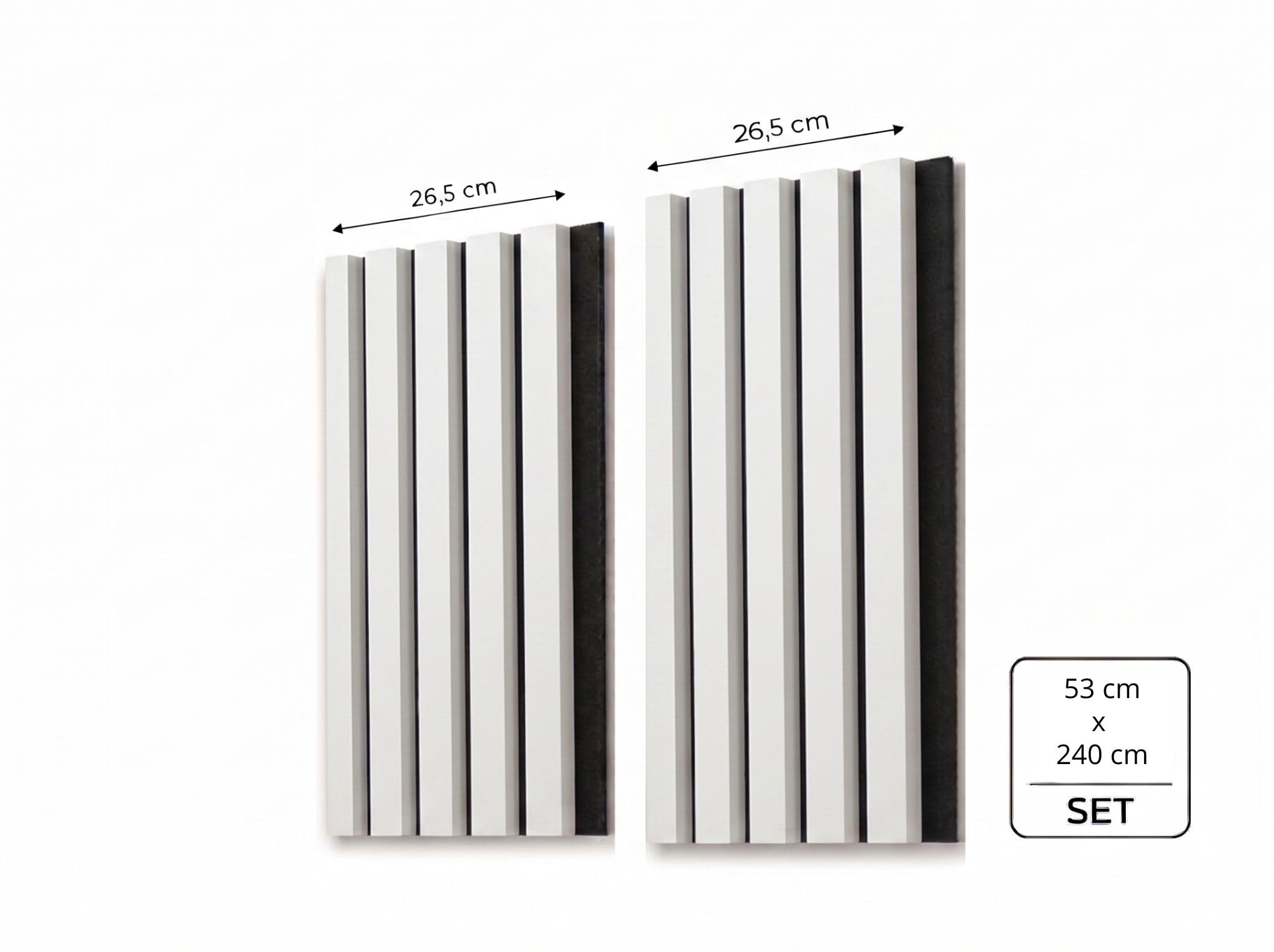 Paneles acústicos decorativos 3D MDF 2 piezas 26,5x240 cm blanco sobre base negra con listones verticales modernos para espacios interiores luminosos