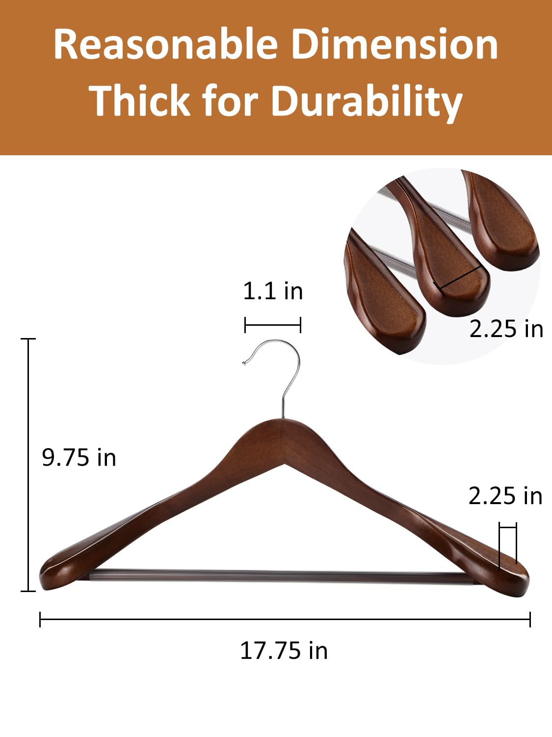 AMKUFO Perchas de madera de hombro ancho, paquete de 8 perchas con barra antideslizante para pantalones, perchas de madera resistentes con acabado suave, gancho giratorio de 360° para suéter, chamarra