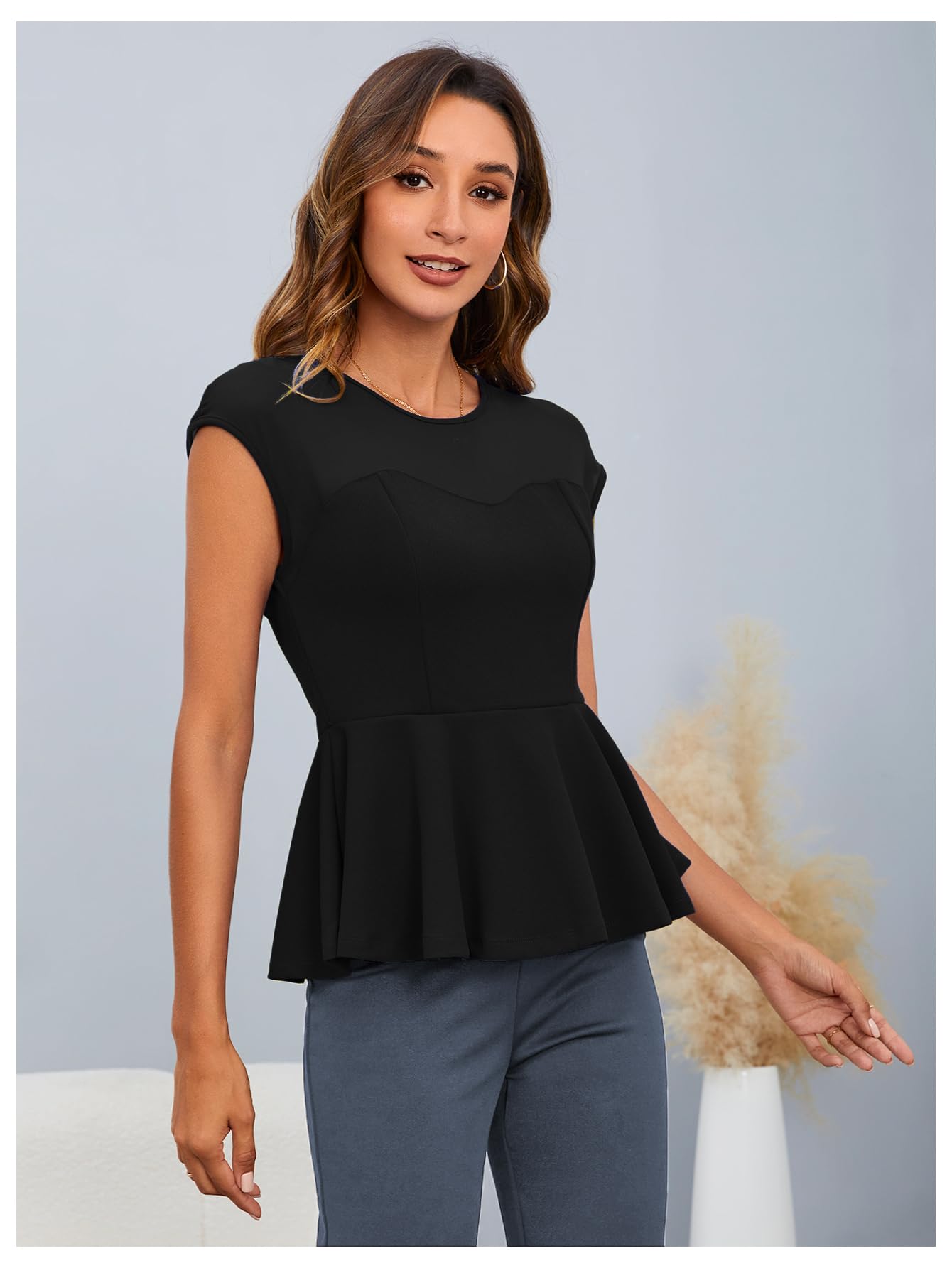 OYOANGLE Women's Elegant Sheer Mesh Cap Sleeve Ruffle Hem Flared Work Peplum Blouse Tops