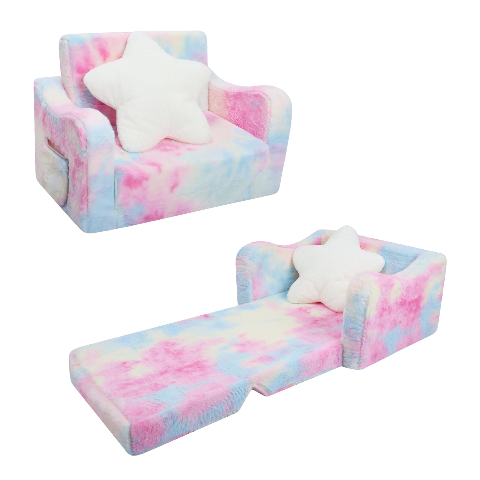 Canapé Pliant pour Enfants avec Oreiller en Forme d'étoile Canapé-Lit Convertible 2 en 1,Fauteuil Stable pour Fille Bébés avec Poche, Canapé Chaise Confortable pour Chambre à Coucher Salon,Rose