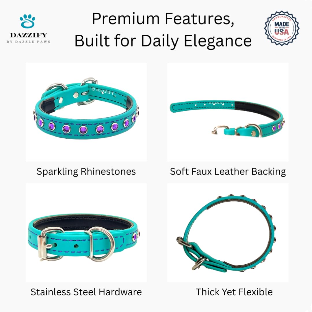 BioThane® Bling Hundehalsband – verstellbares Designer-Halsband mit Strassbesatz, wasserdicht und geruchsabweisend, Königsviolett mit pinken Schmucksteinen, Größe L (passend für Halsgrößen 40,6 cm