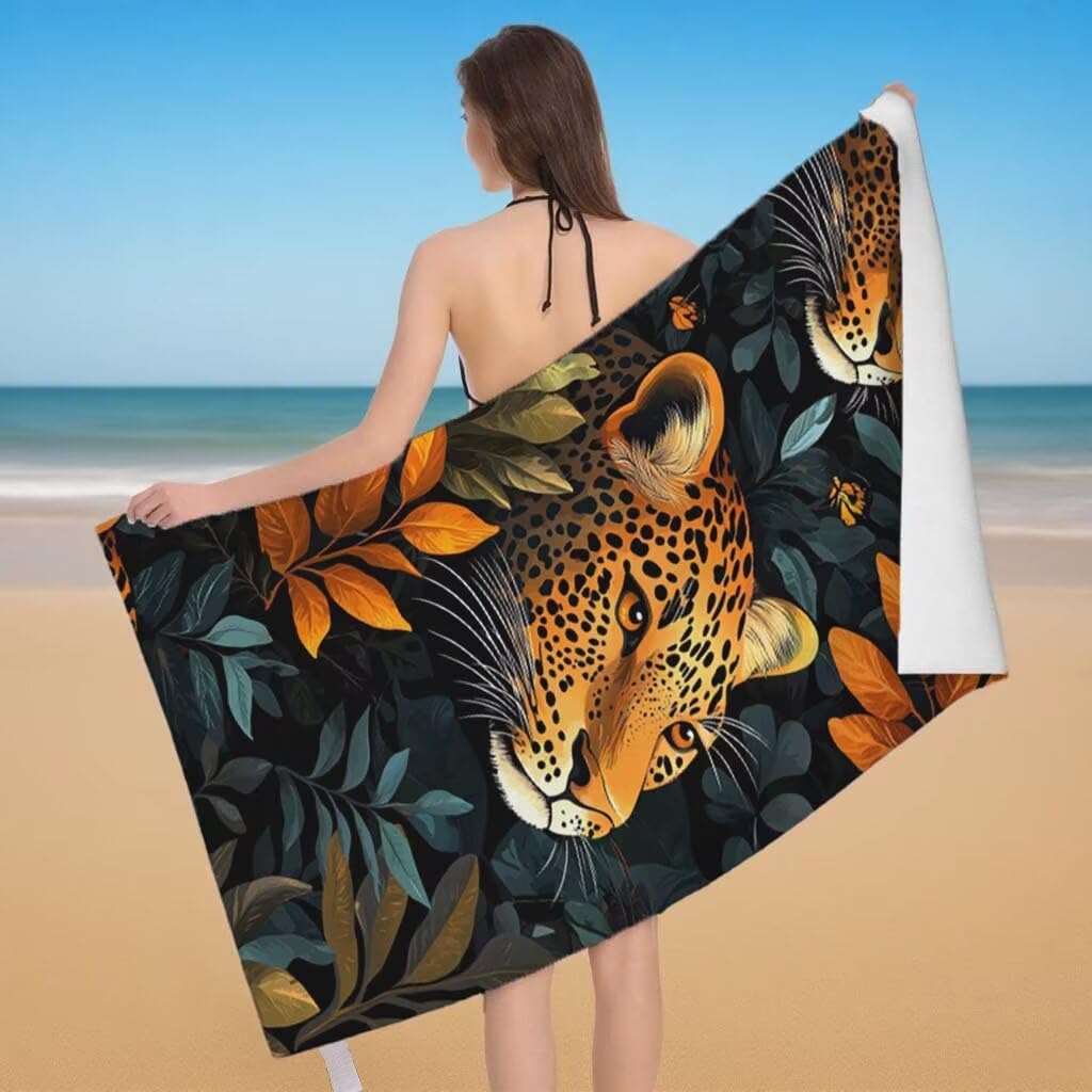 Strandtuch XXL 90x200cm/35x70cm 2er Set Mikrofaser Strandtuch, Schnelltrocknend Strandliege Kompakt Sandfrei Saunahandtuch mit Tasche, Mikrofaser Handtuch für Strand Reise Urlaub (Leopard) I-92