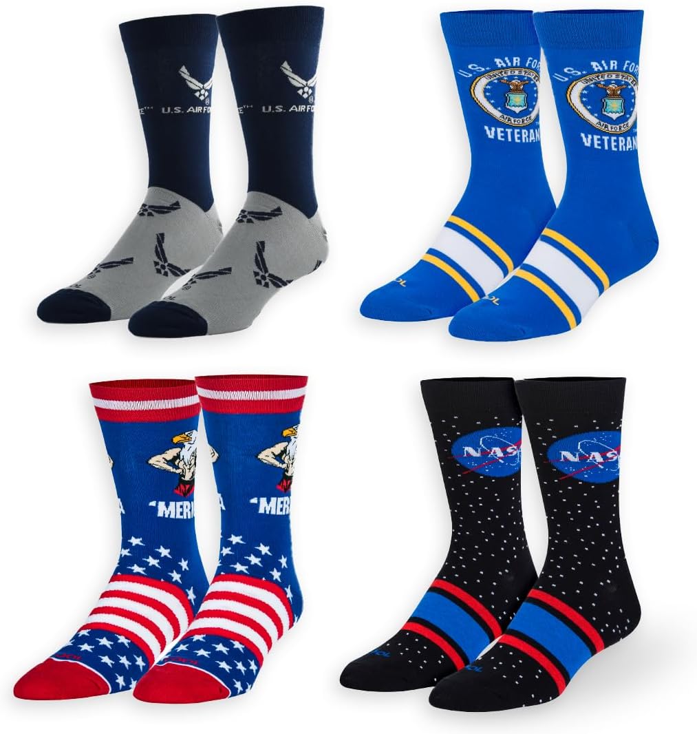 Cool Socks – USA Armed Forces Military Crew Socks – 8-Pack Novelty Value Bundle - Size Large for Men & Women – Patriotic U.S. Army, Navy, Air Force, Space Force – Gift for Veteran, Birthday & Holiday