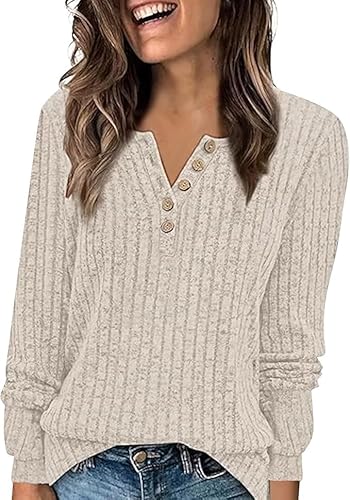 V Neck Button Up Knit Sweater Women Long Sleeve Casual Loose Tunic Pullover Spring Fall Fashion Cozy Sweaters (Beige,XX-Large)