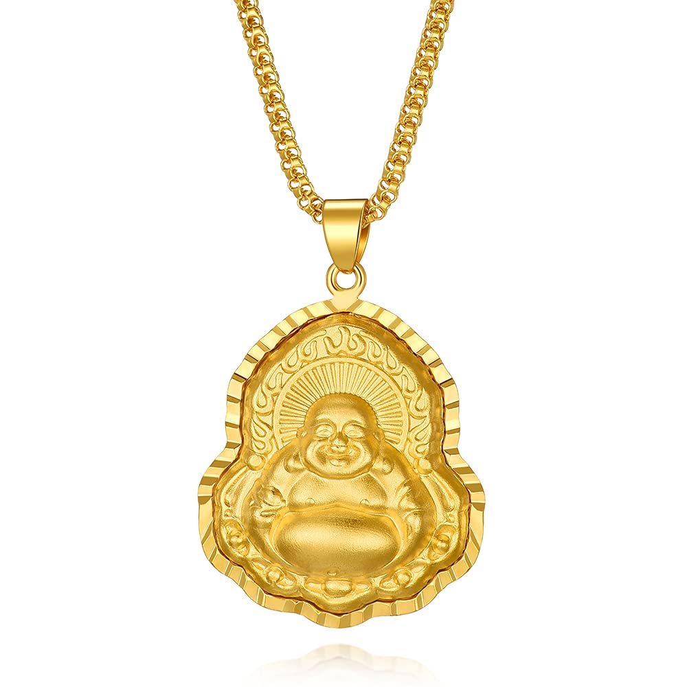 Sajayea 24K Thick Gold Plated Brass/Green Jade Laughing Buddha Pendant Necklace for Women Men Good Luck Amulet Talisman, 3.1cm/1.2 inches*2.1cm/0.8inches, Copper, No Gemstone