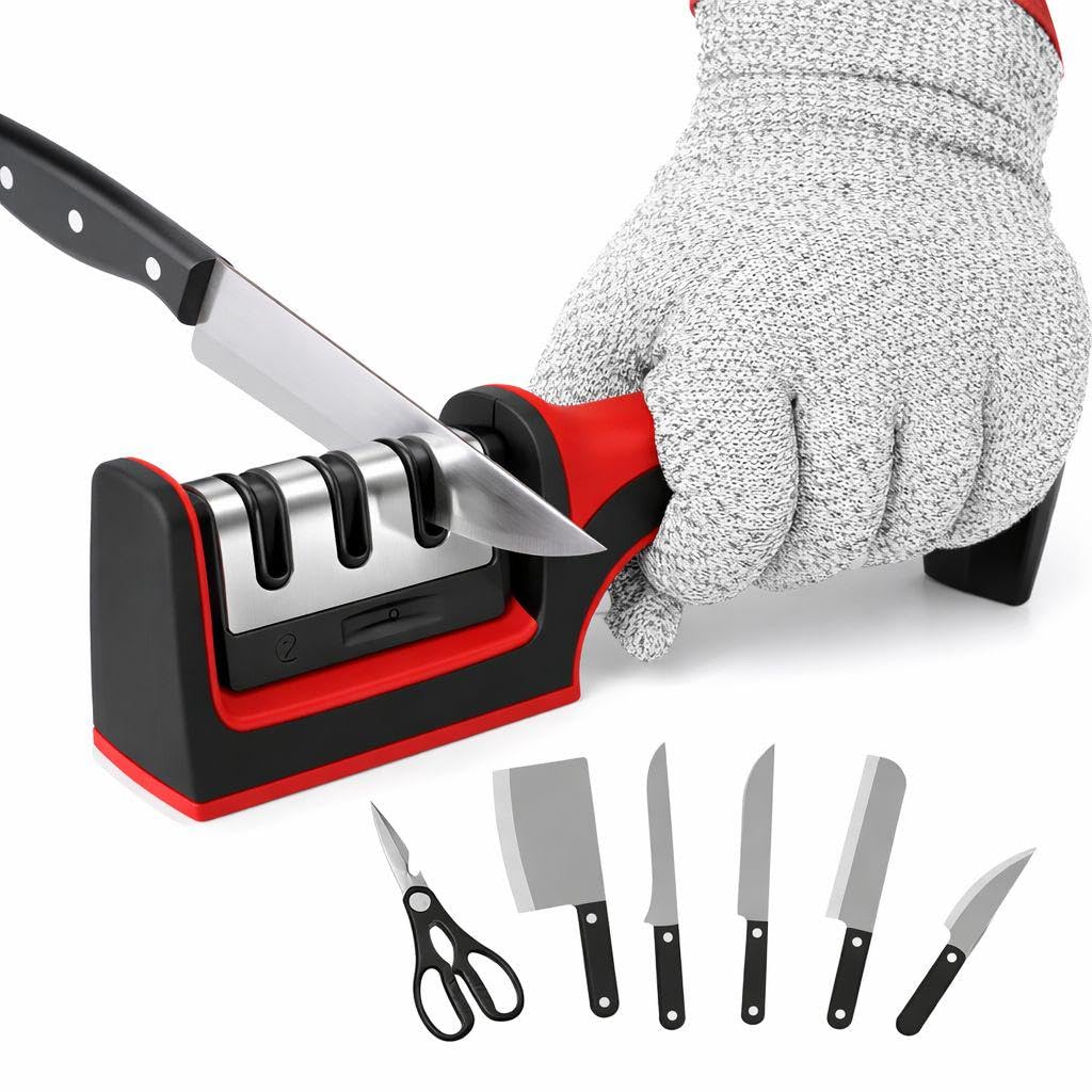 Manual Knife Sharpener with 3 Sharpening Slots Easy-to-Use Kitchen Blade Sharpener for Everyday Knives Durable Handheld Design Black