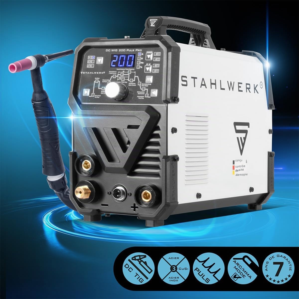 STAHLWERK Poste à souder combiné 2-en-1 DC TIG 200 Puls Pro – TIG & MMA (ARC) jusqu'à 200 A, fonction Pulse, mémoire de jobs, Hotstart, adapté aux tôles fines, pour acier, inox, cuivre & laiton