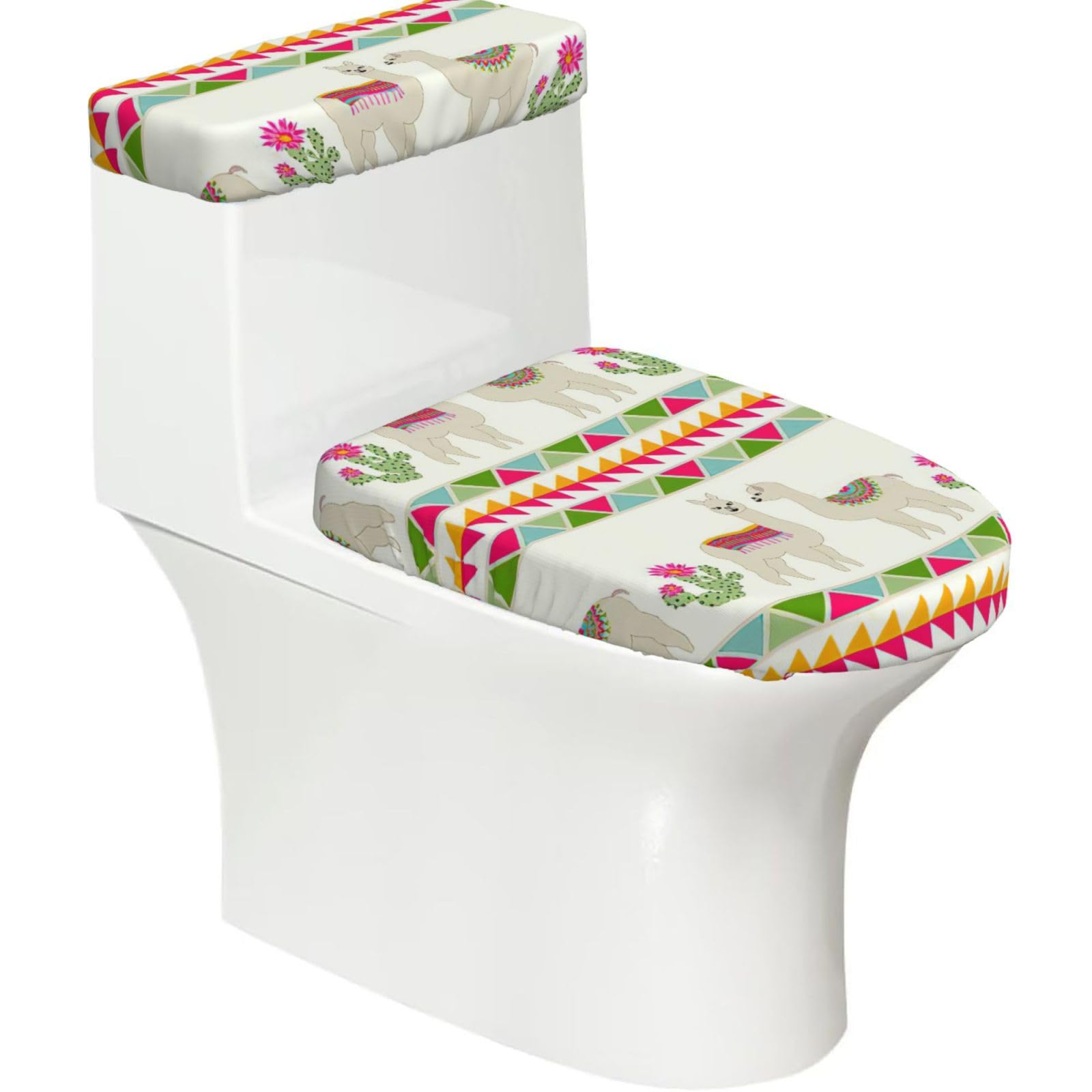 Llama and Cactus Print 2-Piece Stretch Toilet Cover Set, Elastic Breathable Toilet Seat and Tank Lid Protector