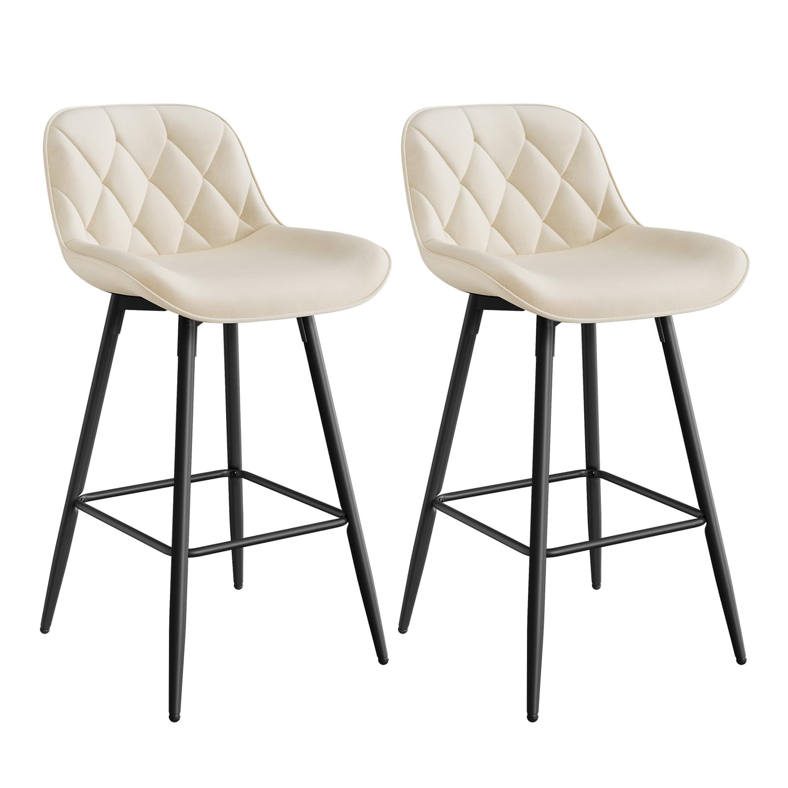 EUGAD Taburete Altos de Cocina, Set de 2 Taburetes Barra Bar con Respaldo, Sillas Altas de Terciopelo, Taburetes para Cocina Isla Bistro, Sillas Tapizadas, Crema