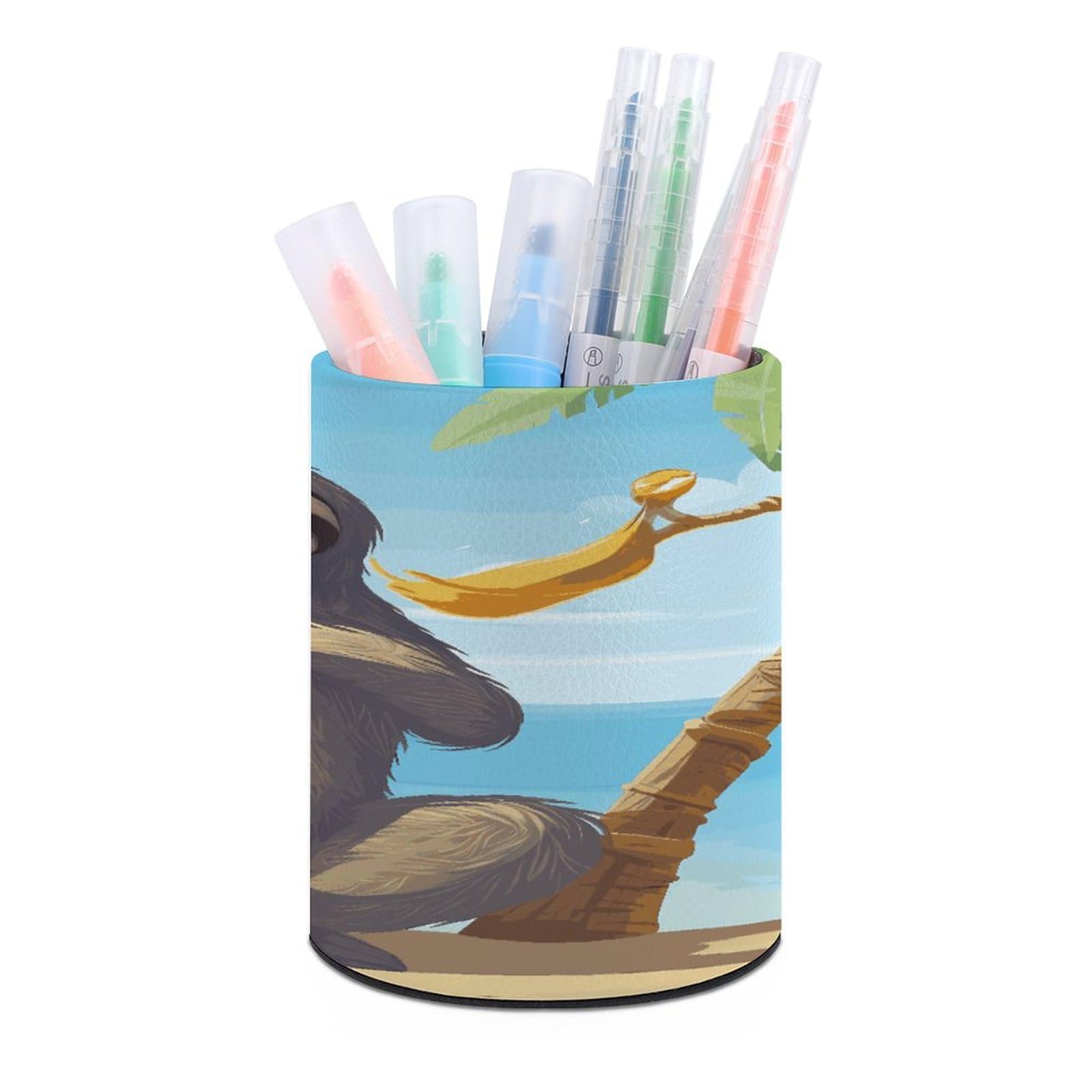 LDGSUPH Sloth on Beach Round Pen Holder Leather Pen Cup Pencil Cup Pen Organizer Pencil Holder for Desk Organizer Pencil Organizers Makeup Brush Holders for Home Office Gift