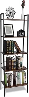 Oak & Tea Ladder Shelf Bookshelf 5-Tier Bookcase Industrial Storage Rack Rustic Brown and Black Freestanding Storage Shelves for Living Room Office Study Hallway Free Standing Shelves 56 x 32 x 172 cm
