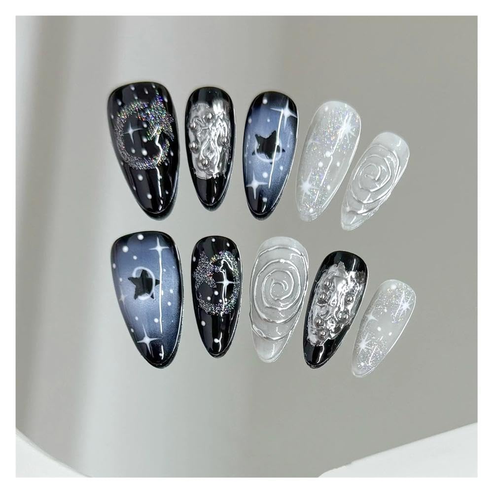 10pcs Almond Handmade Press On Nails Summer Night Sky Star Pink White Fake Nail Tips DIY Manicure(M-Y5)