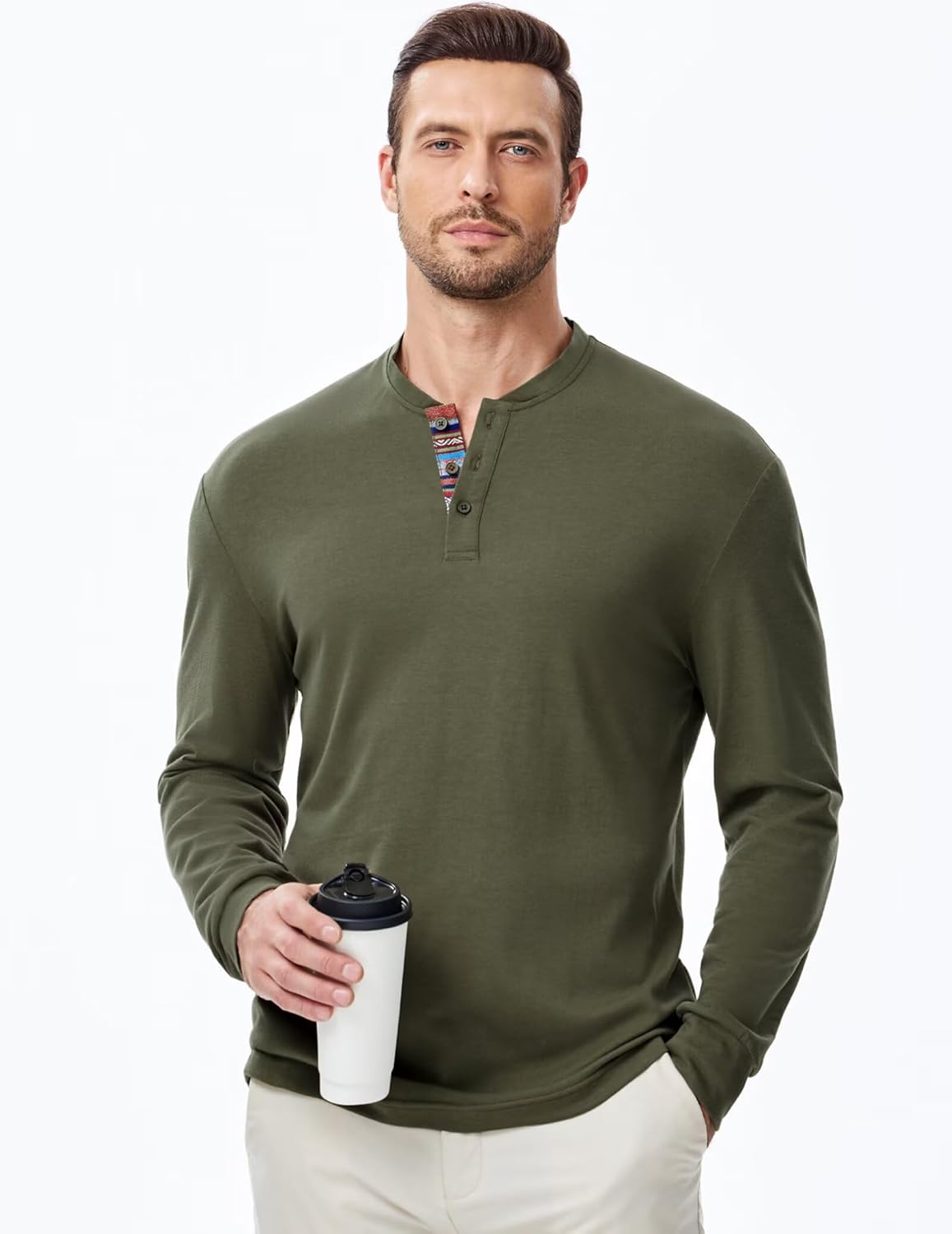 Men's Henley Shirts Long Sleeve Casual Pullover T-Shirts Fashion Button Stretch Solid Basic Tee Tops - Image 4
