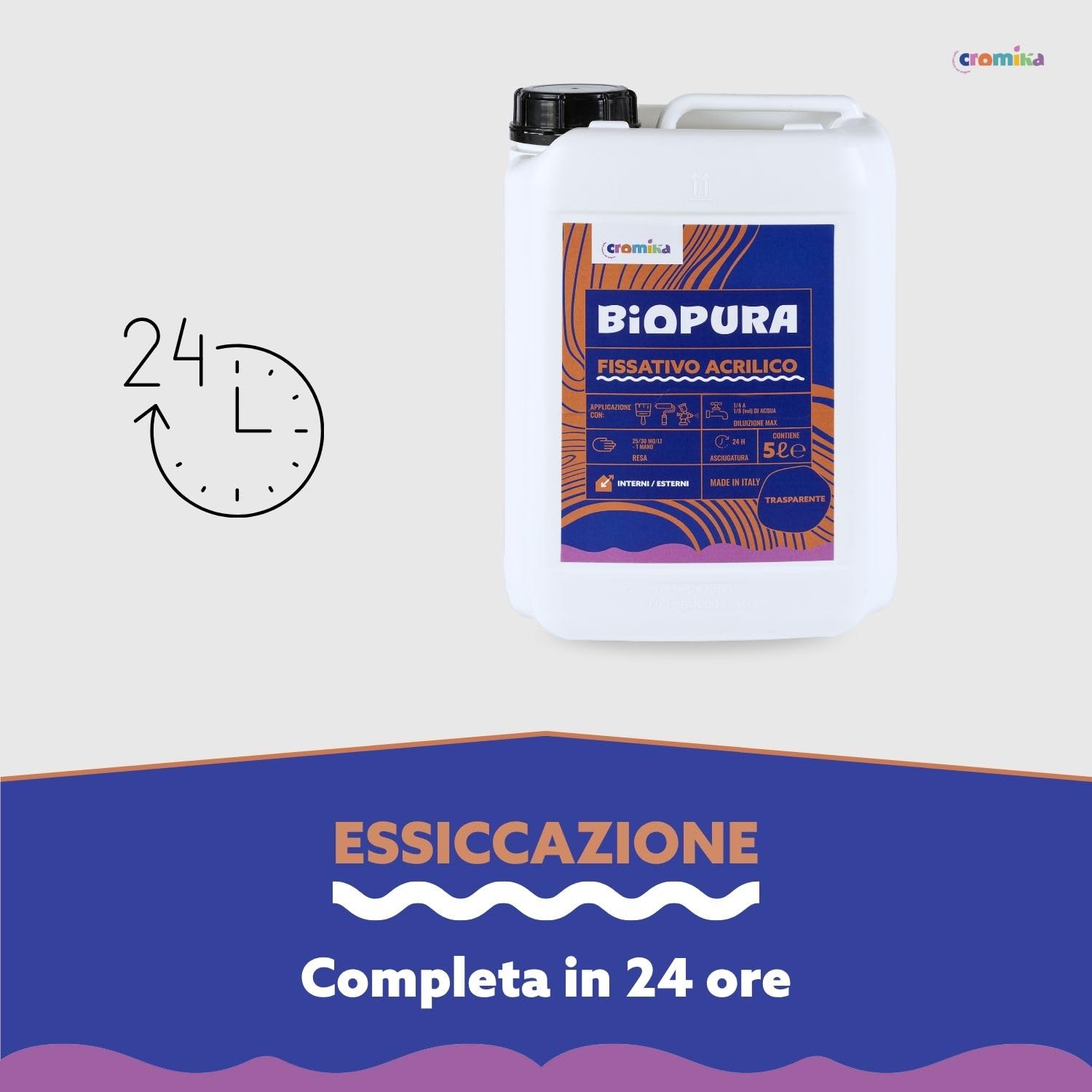 Cromika BIOPURA Fissativo Acrilico Trasparente per Interni ed Esterni, Isolante ad Acqua per Muri Made in Italy (Trasparente, Litri 5)