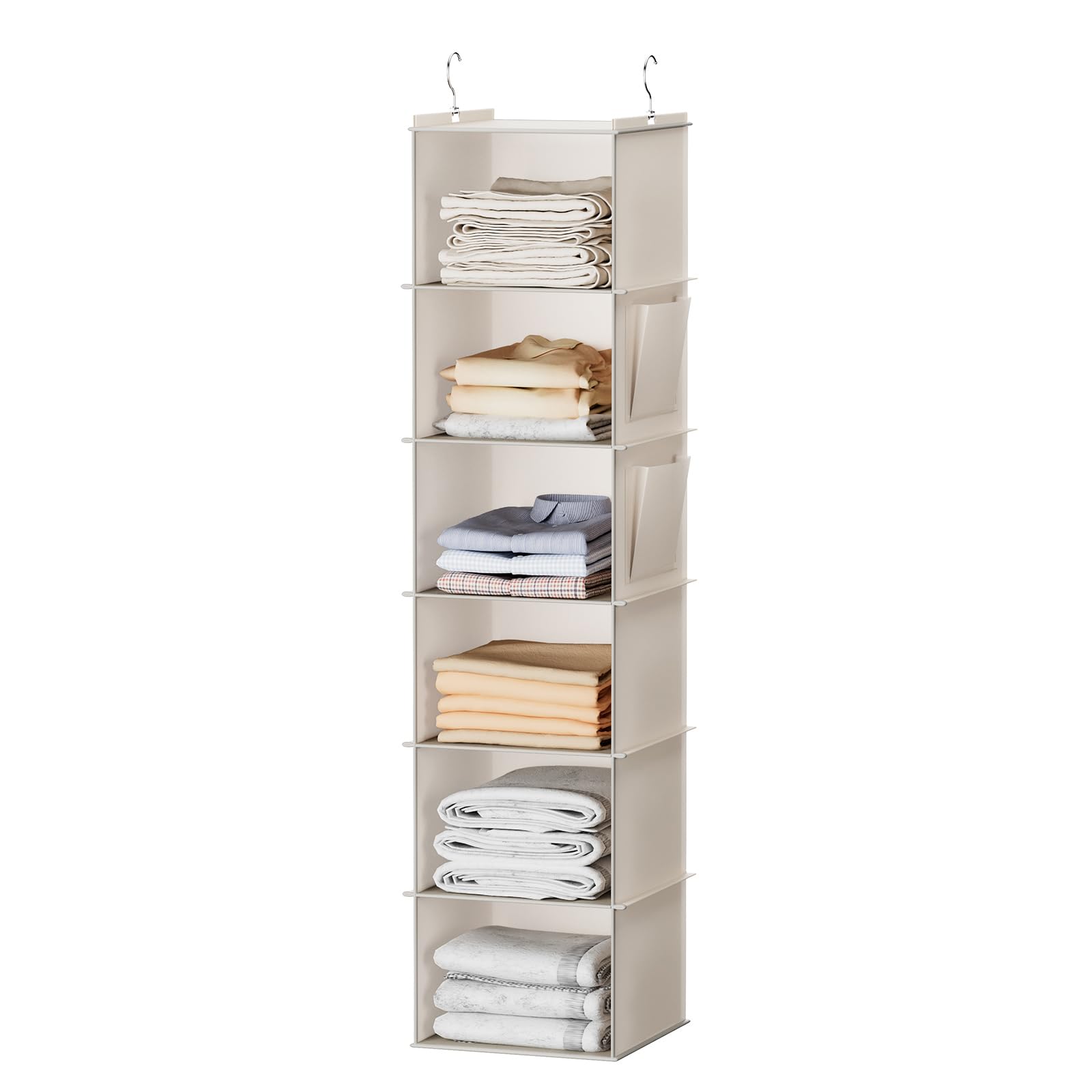 YOUDENOVA Hanging Closet Organizer, 6-Shelf Closet Hanging Storage with Side Pockets, Beige
