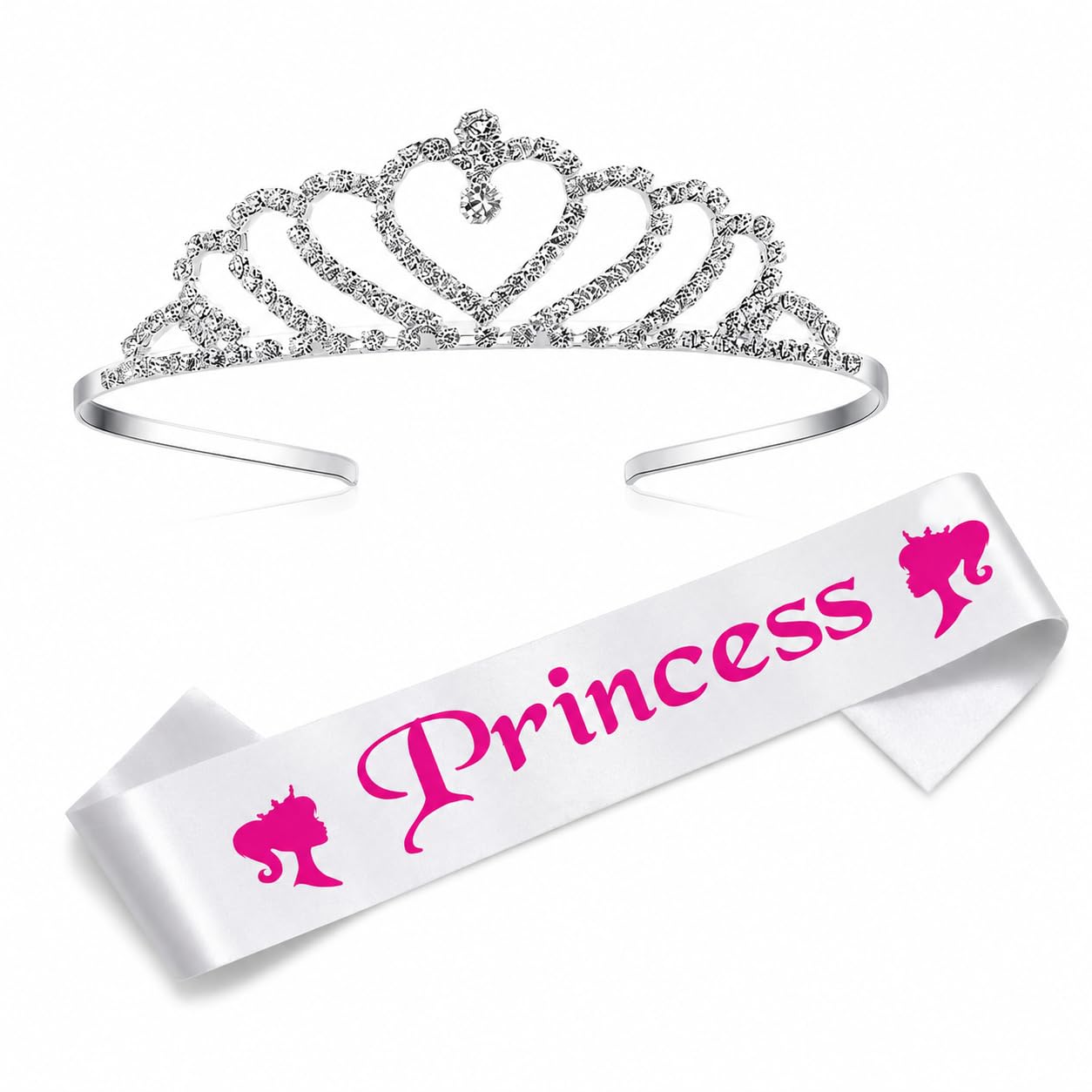 Curated Cart Princess Sash and Tiara Set - White Satin Sash with Heart Crown Tiara, Perfect for Birthday Parties, Pageants, and Special Occasions - Women's and Girls' Birthday Accessories