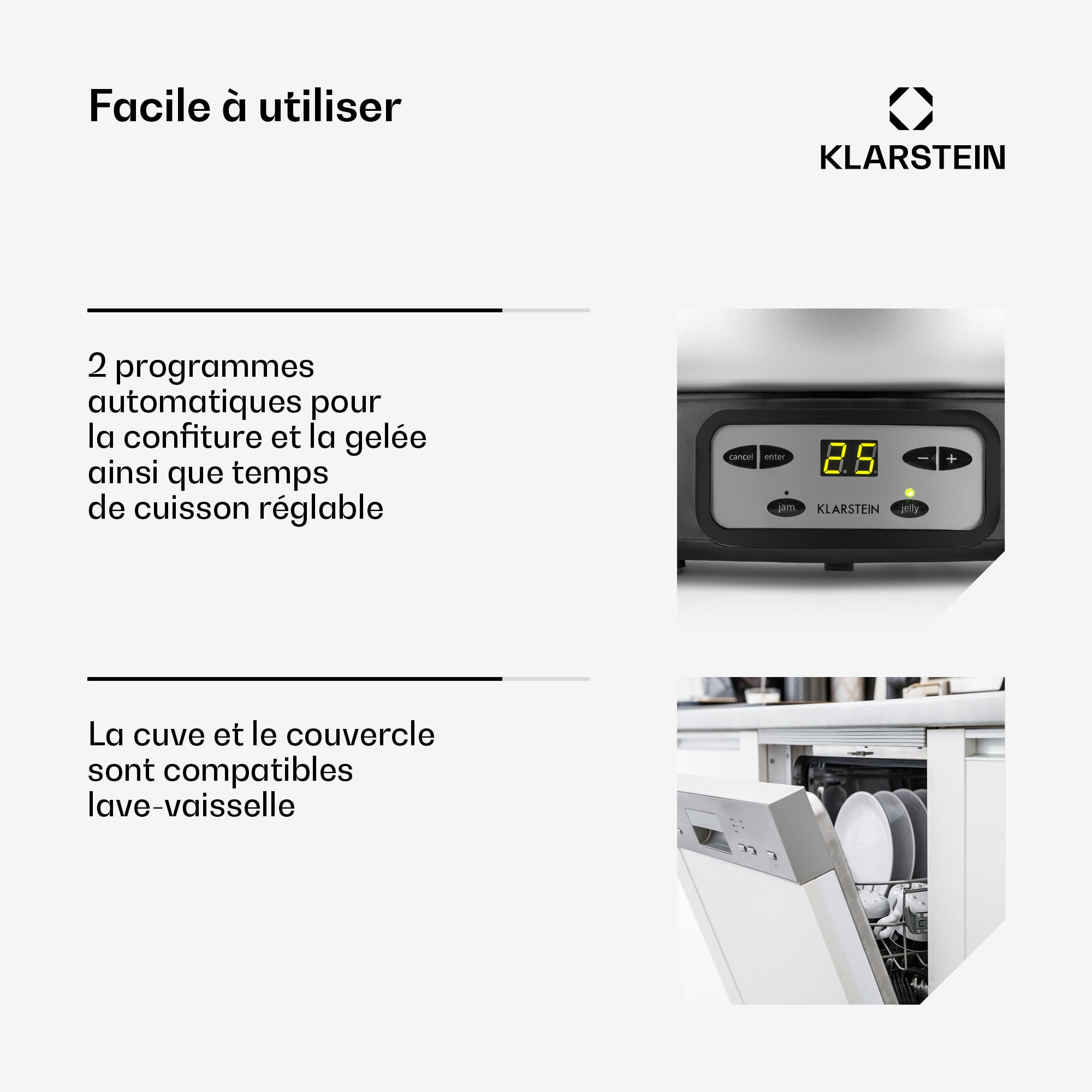 Klarstein Jam Session - confiturier et cuiseur de gelées, 1000 watts, 2 programmes automatiques, 3 litres de capacité, Durée de cuisson réglable, cuve est lavable en machine - argent
