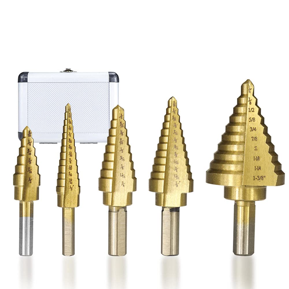 Step Drill bit Juego de Brocas escalonadas HSS con Revestimiento de Titanio, Broca cónica escalonada con punzón Central, Broca de núcleo Imperial, perforación de Orificios de Metal