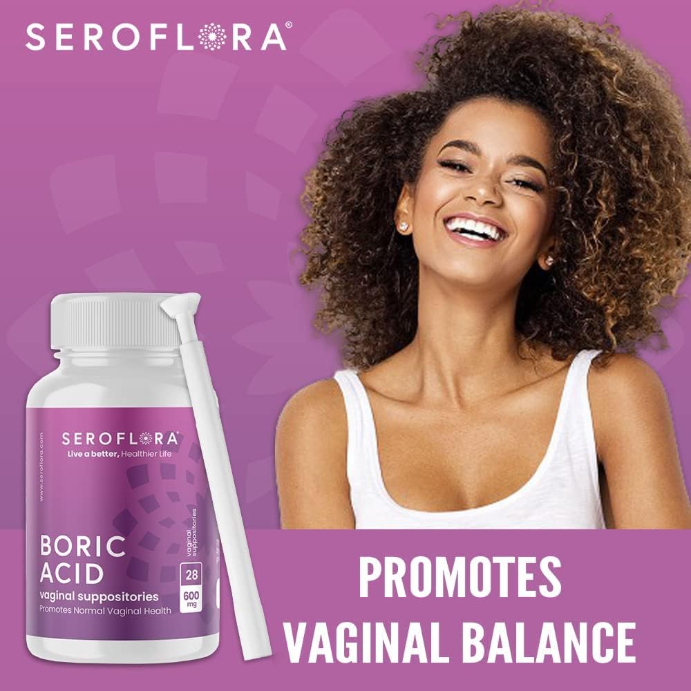 Seroflora Boric Acid 600mg Feminine Capsules, Feminine pH Support, Intimate Freshness for Women, Fast-Dissolving Capsules (30 Count) with Applicators (28 Count)