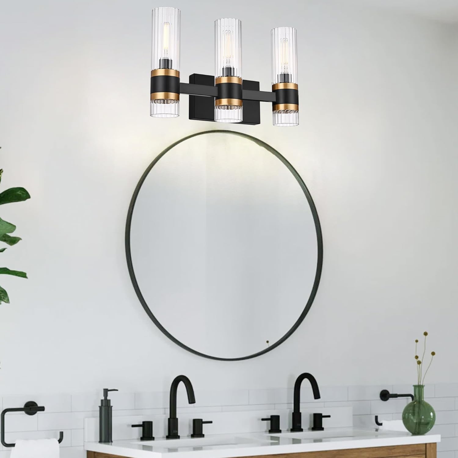 MELUCEE Black 3 Light Bathroom Vanity Light, Modern Vanity Lights Bathroom Light Bar with Ribbed Clear Glass Shade Indoor Wall Lights for Mirror Cabinet Kitchen Bedroom Hallway, E12 Base