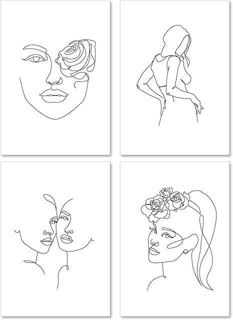 A&M Natural Living Minimalist Line Art Prints, Set Of 4 Minimalist Wall Art Posters Unframed A6, Black White Abstract Wall Art Flower & Female Decor For Bedroom Bathroom Kitchen Living Room (A6)