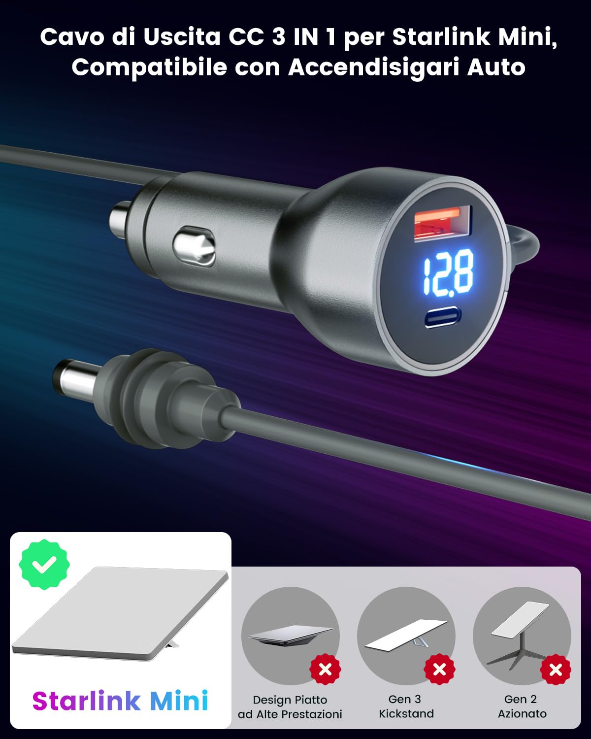 Mwin Cavo Starlink Mini - Caricatore Auto Cavo Alimentazione DC per Starlink Mini, Adattatore Accendisigari 12V-24V con Display Digitale, Porte USB C/USB A Ricerca Rapida 30W per Camion, Auto (3M)