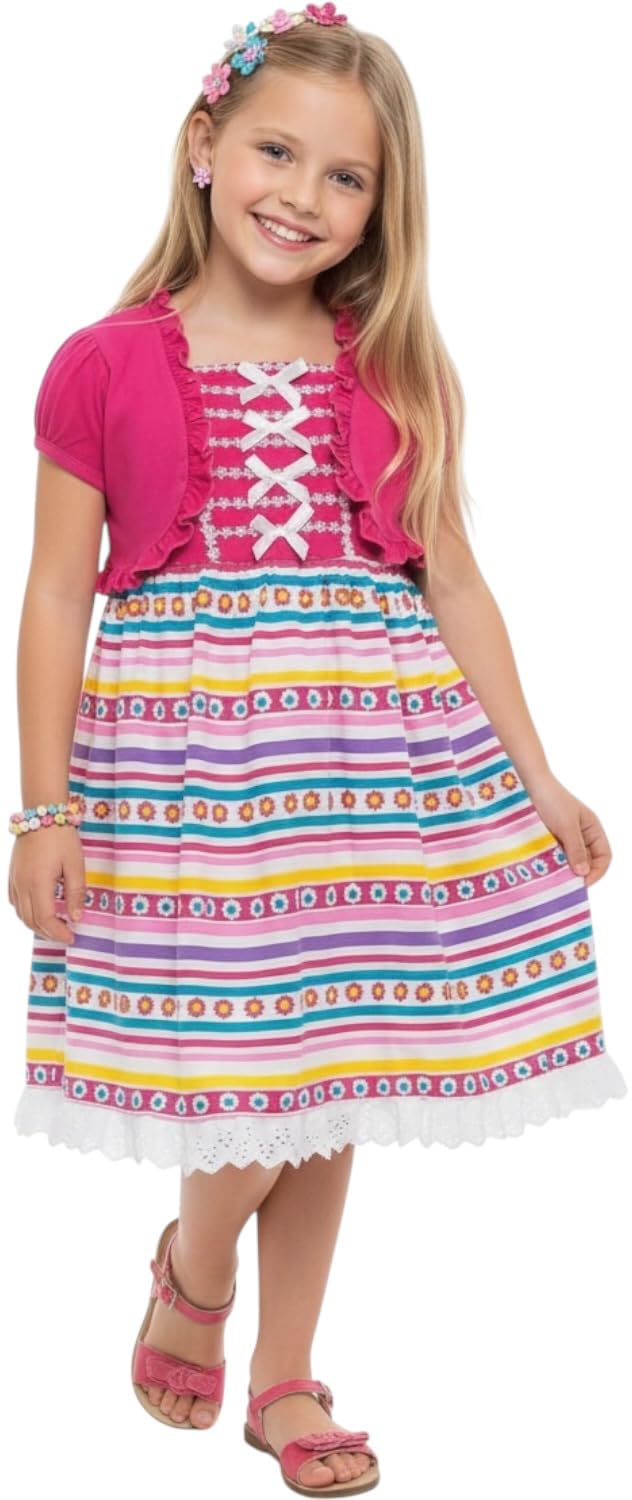 ToBeInStyle Girls Two Piece Short Sleeve Dress and Matching Bolero Crop Cardigan Assorted Prints Cotton Blend Summer Outfit