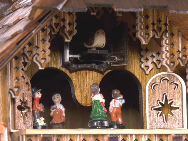 Quartz Cuckoo Clock Schwarzwald House with Music and Dancers, with Moving Lumberjack and Moving Mill Wheel