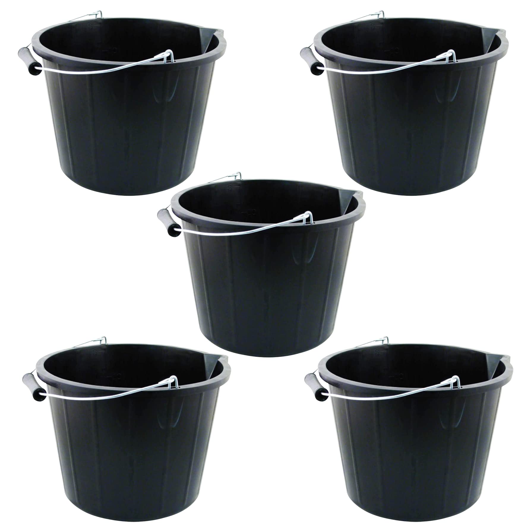 Tenlite Black Set Of 5 - Plastic Builders Bucket 3 Gallon 14 Litre Water Mixing Storage Strong With Measuring Guide, Handle And Spout.