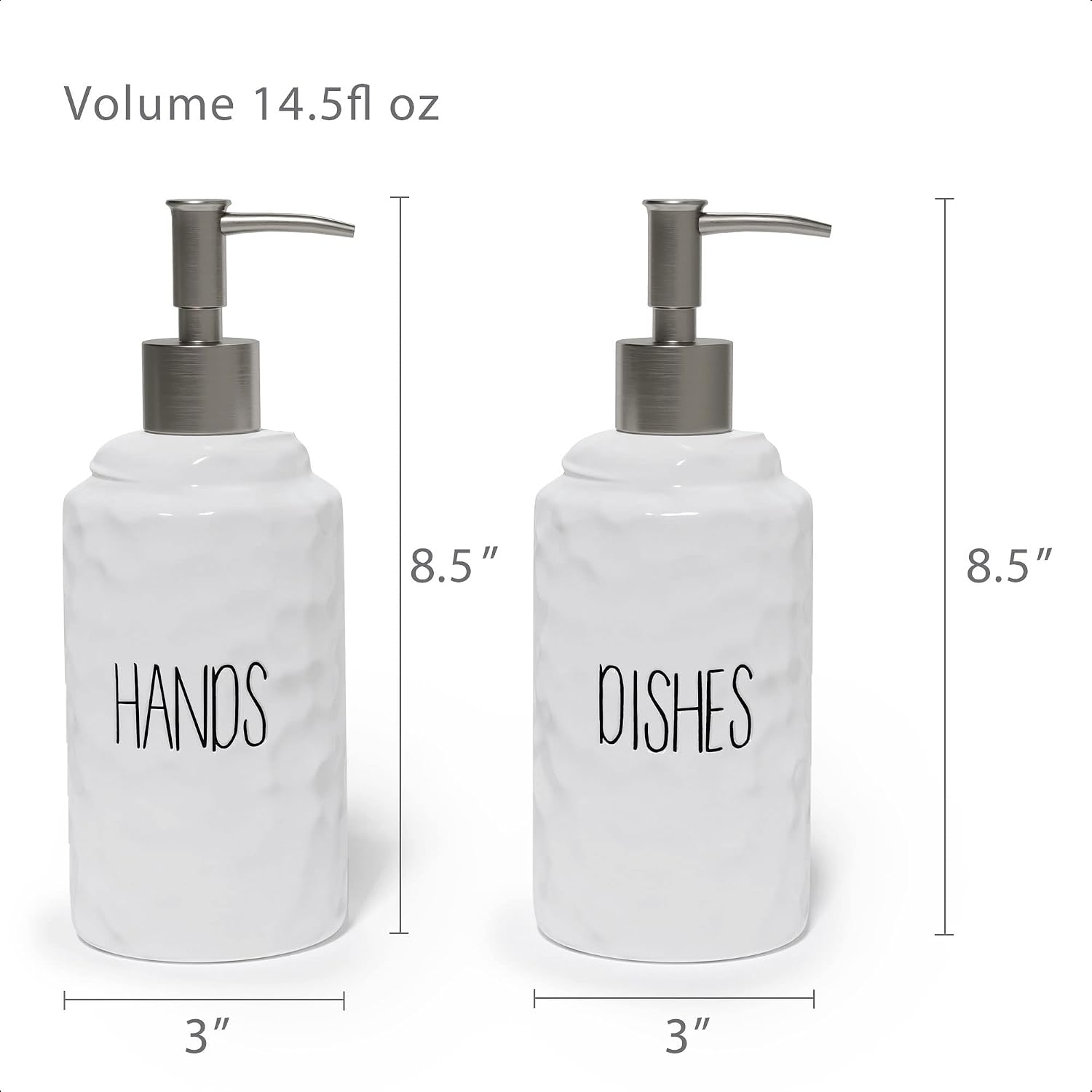 Barnyard Designs 14.5oz Ceramic Hand Soap & Dish Soap Dispenser Set, Farmhouse Kitchen Decor for Countertop, Hand and Dish Soap Dispenser for Kitchen Sink, Farmhouse Decor for Kitchen, White, Set of 2