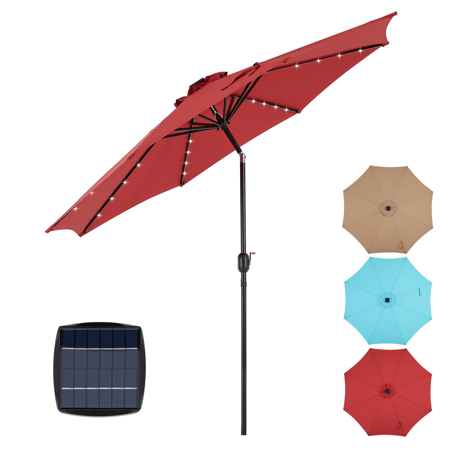 SMUG 10FT Solar Patio Umbrella with 32 LED Lights, Outdoor Umbrellas with Push Button Tilt and Crank, Tilting Table Umbrella with 8 Sturdy Ribs for Market, Beach, Pool, Garden, Deck, Backyard, Terrace, Restaurant