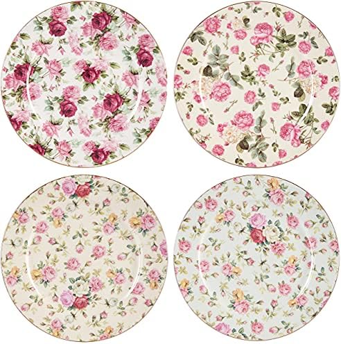 Gracie China Rose Chintz Porcelain 8-Inch Dessert Plate Set of 4, Assorted Four Designs