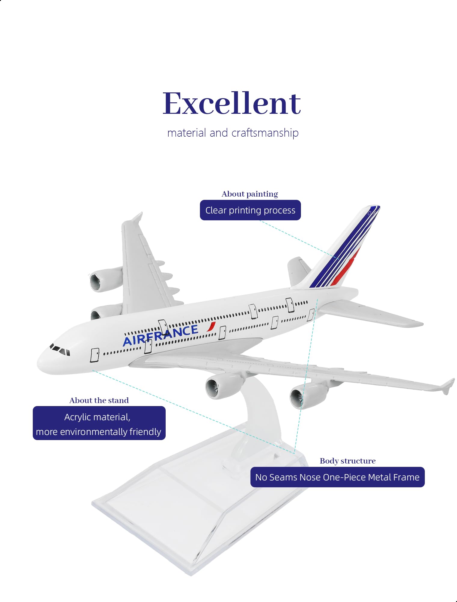 Airbus A380 Air France 1/400 Modelo de Avión de Metal Fundido a Presión con Soporte Sky Jumbo Modelo de Avión de Pasajeros Kit de Modelo Coleccionable de Aleación para Regalo