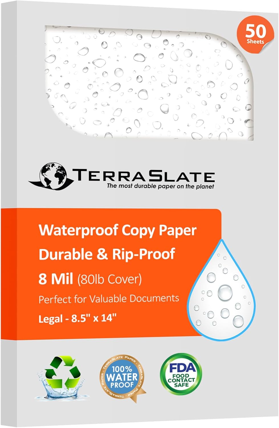 TerraSlate Waterproof Laser Printer Paper 8 MIL – 8.5"x14", 50 Sheets, White – Tear & Smudge Proof, Heavy-Duty for Outdoor Use, Ideal for Printing, Copying & More