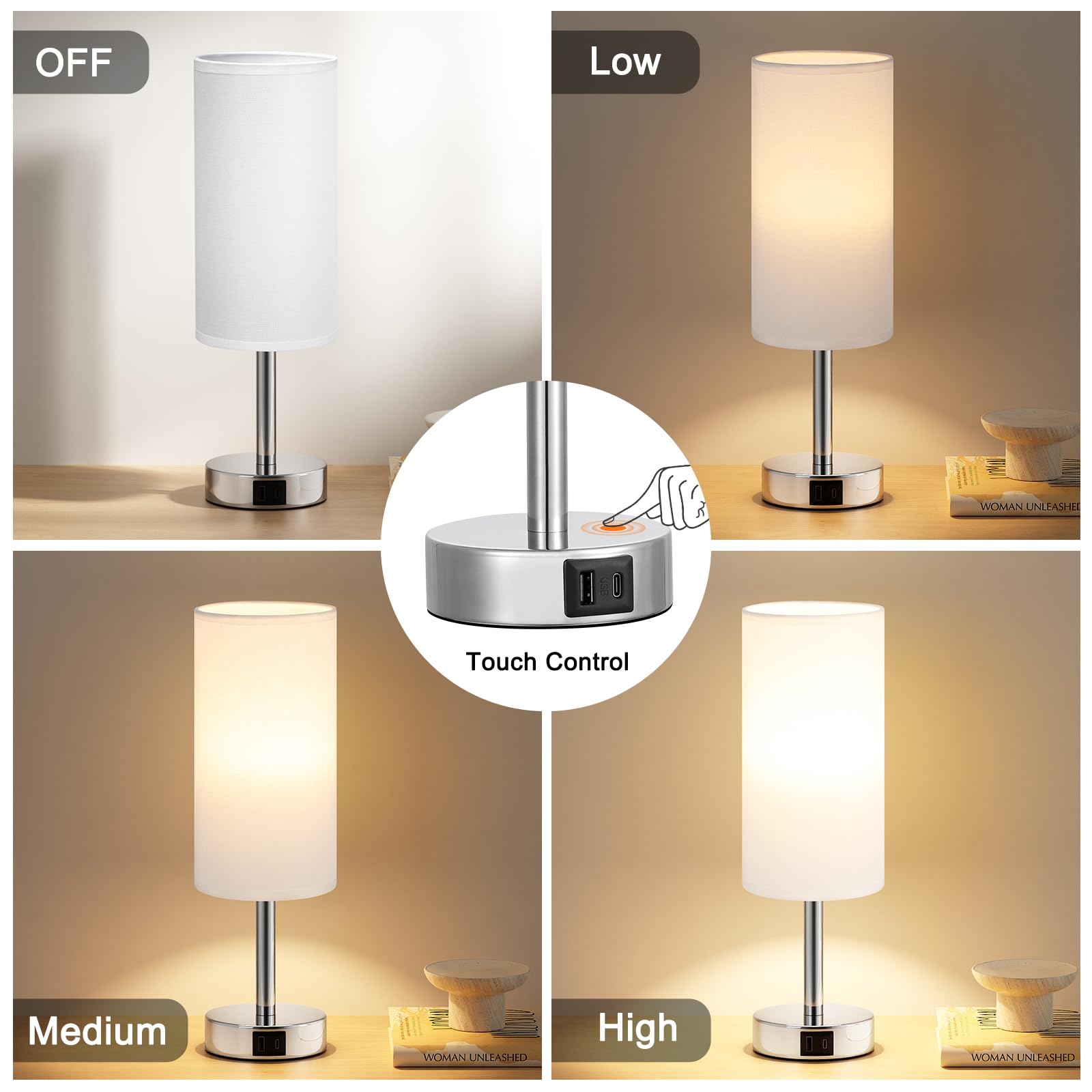 Aooshine White Bedside Lamps Set of 2, Dimmable Table Lamps for Bedroom Silver Base(Bulb Included), G-white-2pc - Image 3