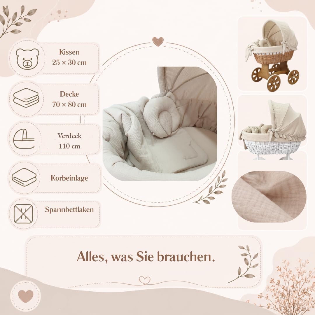 Wiklinopol Baby Bettwäsche Set 5-teilig Musselin Verdeck 110 cm Beige | Stubenwagen Bezug Set, Babybettwäsche aus 100% Baumwolle, Decke 70x80 cm, Kissen 25x30 cm, Spannbettlaken, Einlage Ø 260 cm