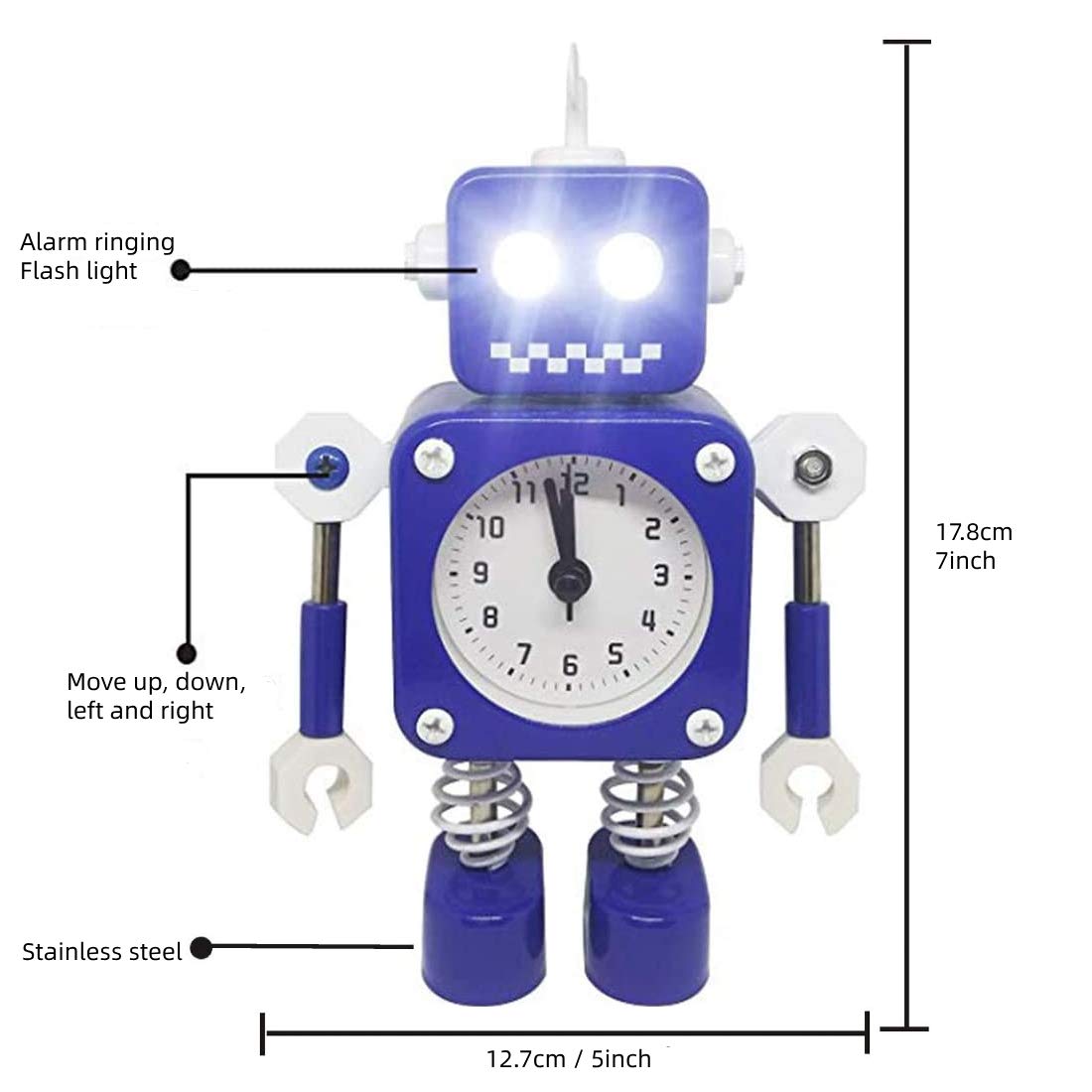 Diskary Roboter Wecker,Nicht tickende Wecker mit blinkenden Augen Lichtern und drehbarem Arm,Geschenk an Kinder (Blau)