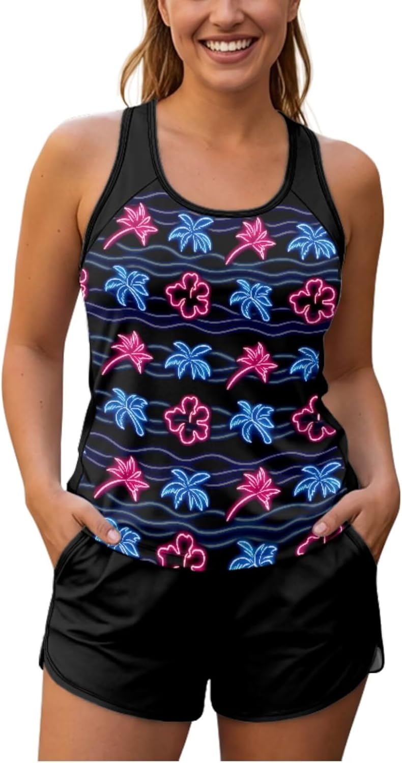 Womens Two Piece Tankini Swimsuit Athletic Swim Top and Shorts with Pockets Vacation Bathing Suit Size S-6XL